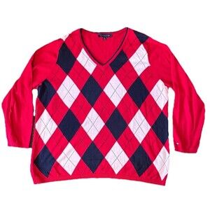 Tommy Hilfiger Mens Red Argyle V Neck Preppy Collegiate Grandpa Sweater Size XL